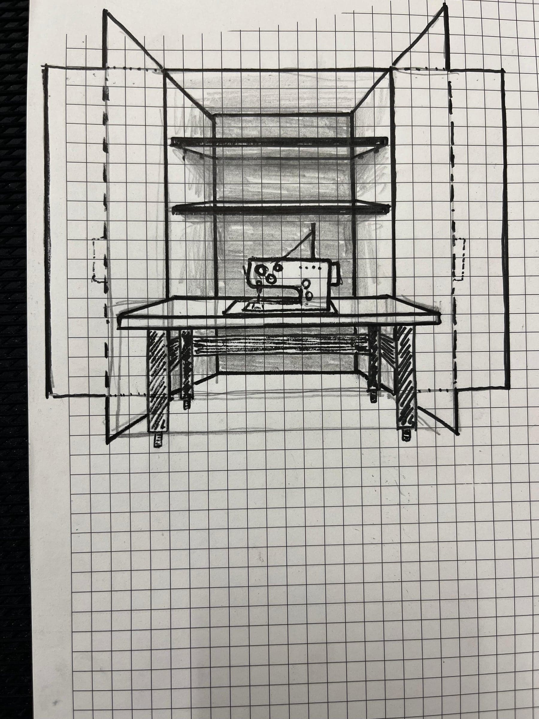 Hand sketch of a sewing-machine cabinet