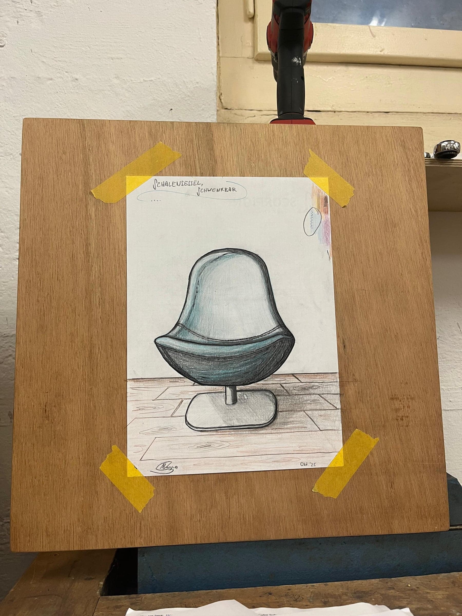 Signed hand sketch of a swivelling shell chair